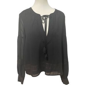 Rebecca Minkoff Black Semi Sheer Lace Minimalist V Neck Tassel Blouse Top‎ Small